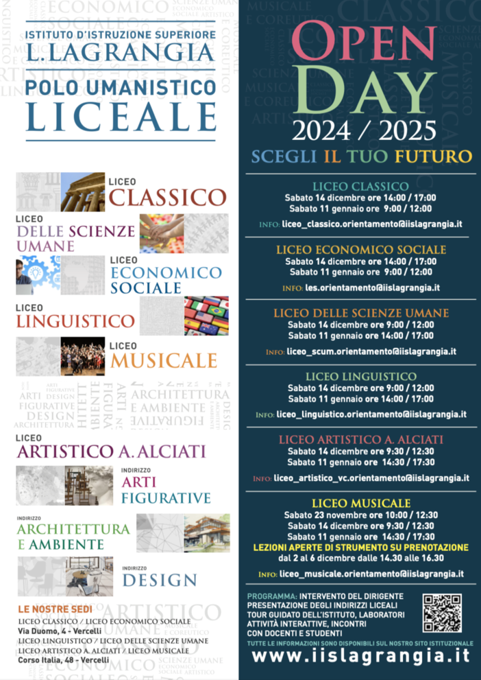 Open day, sabato 14, al Liceo Lagrangia