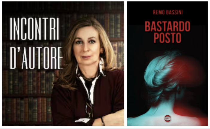 Alessandra Rauti, conduttrice della trasmissione radiofonica Incontri d'autore, e la copertina del libro di Remo Bassini, Bastardo posto