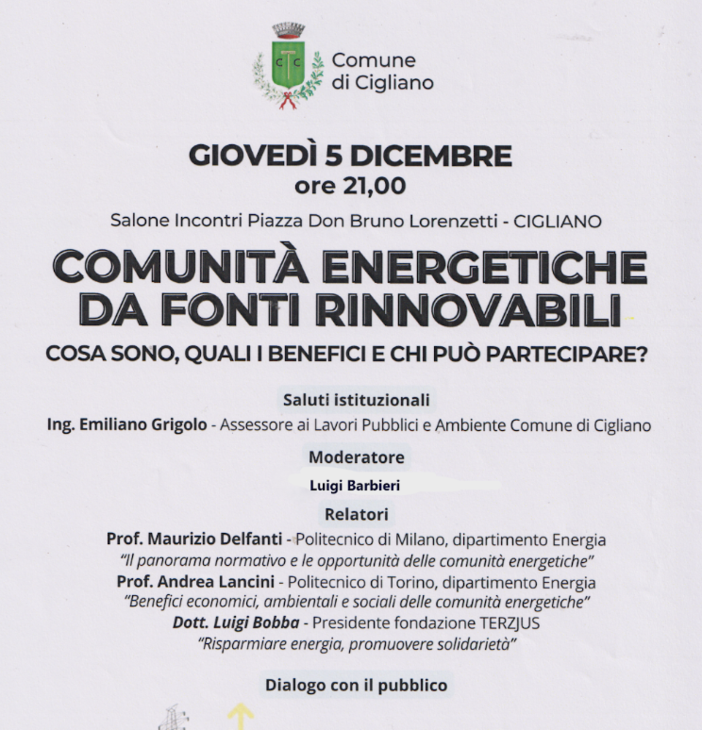 Cigliano: incontro sulle Comunità Energetiche da fonti Rinnovabili