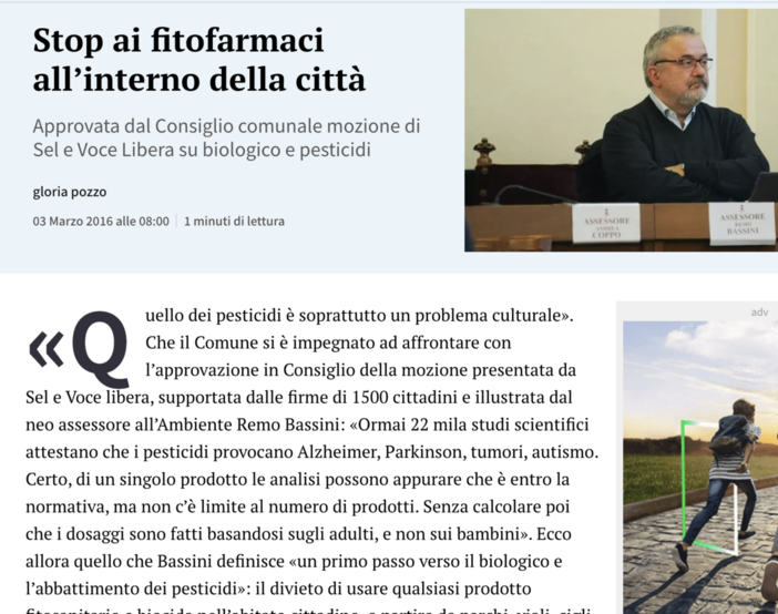 La pagina de La Stampa che, nel 20165, annunciava la mozione per l'interruzione dei pesticidi in territorio comunale